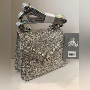 DISNEY PARKS Girls Silver Sparkling Shoulder Hand Bag Crossbody Purse Castle